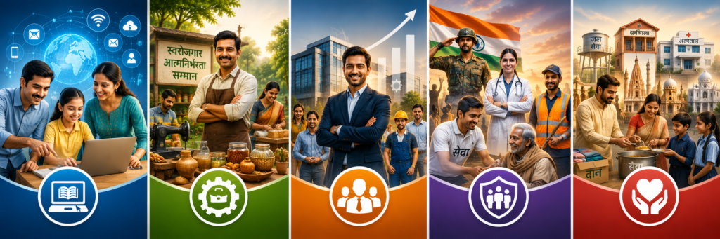 डिजिटल साक्षरता, स्वरोजगार, रोजगार सृजन, सामाजिक सेवा और सेवा-समर्पण को दर्शाता पाँच भागों वाला पारिवारिक सामाजिक सम्मान बैनर।