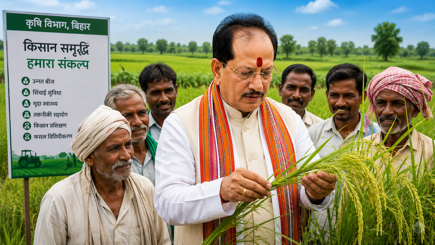 Vijay Kumar Sinha inspecting paddy crops with Bihar farmers for agriculture development